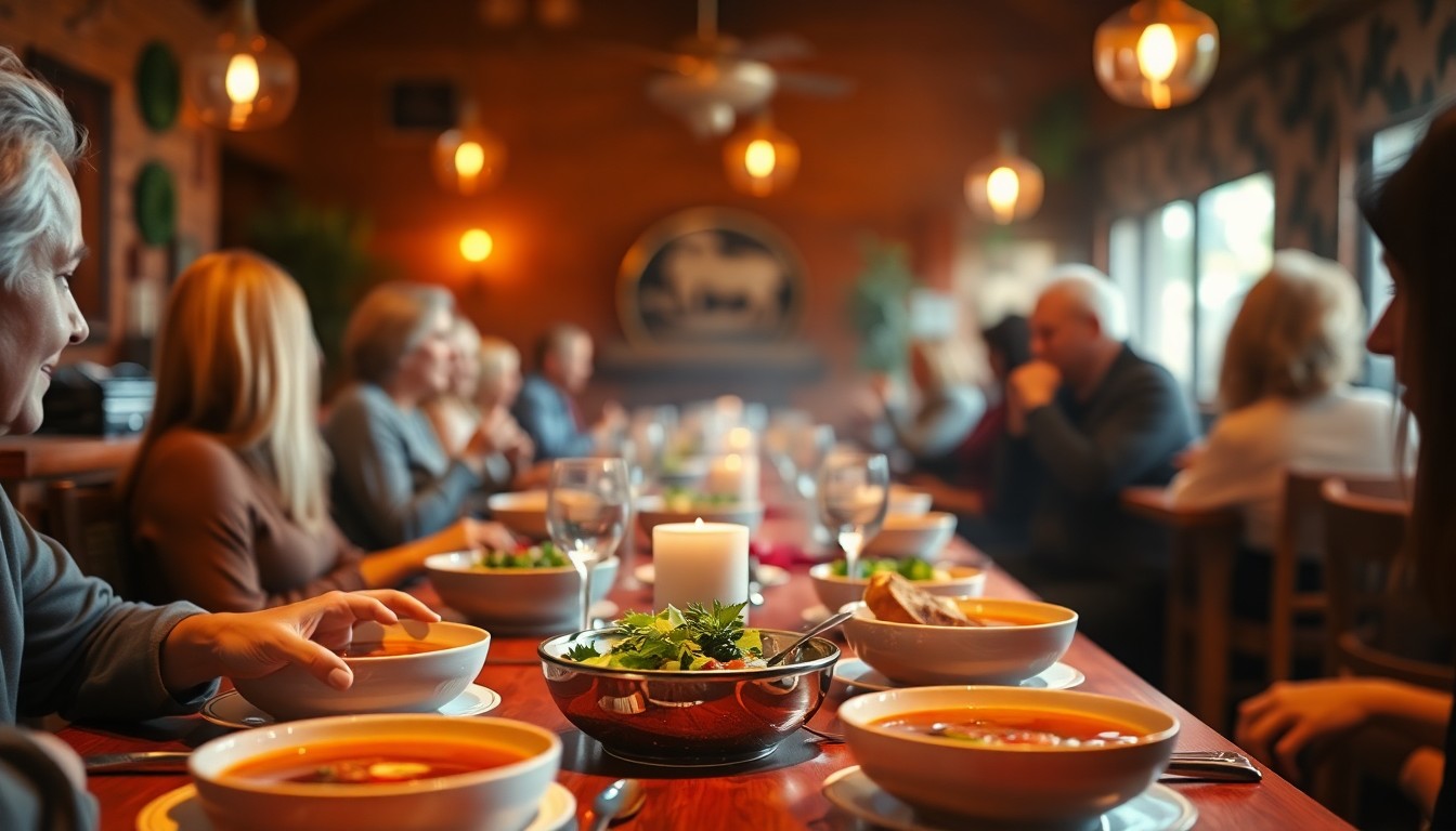 An abstract, impressionistic scene of people dining at tables, with the details blurred into soft pools of warm light and color, conceptually representing the community spirit and charitable nature of the Daughters of the Nile luncheon.