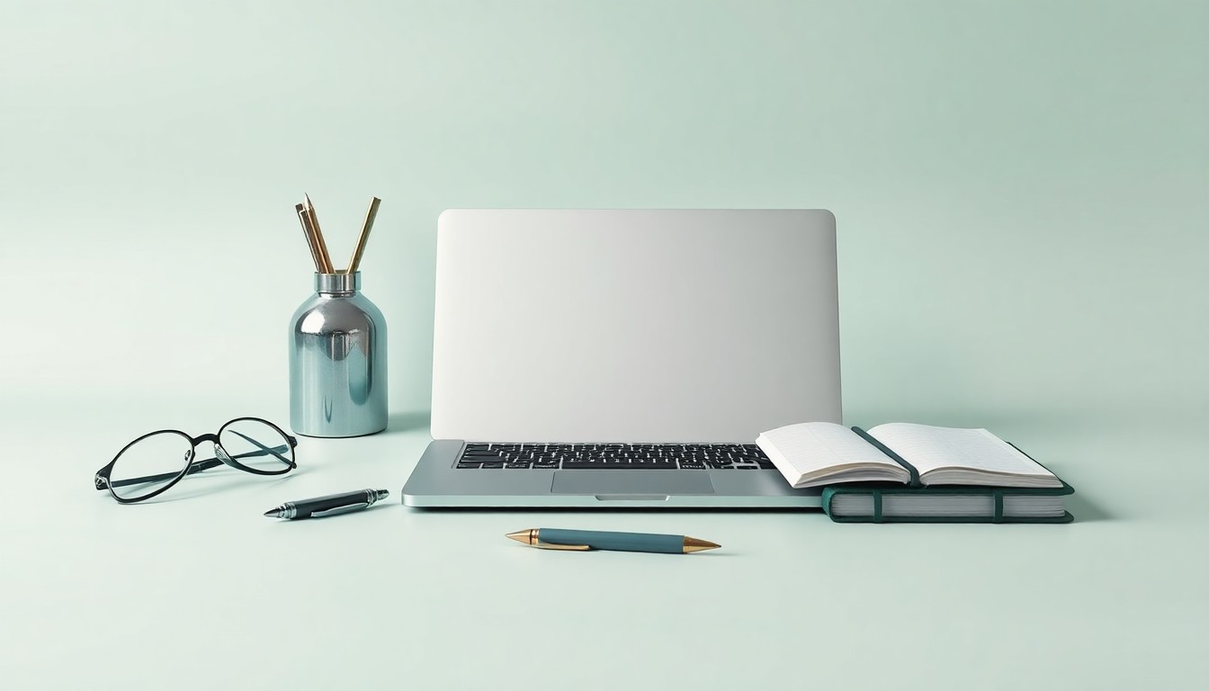 A photorealistic studio still-life featuring a collection of premium business objects arranged elegantly on a clean, monochromatic background, conceptually representing the entrepreneurial spirit of the Rio Grande Valley.