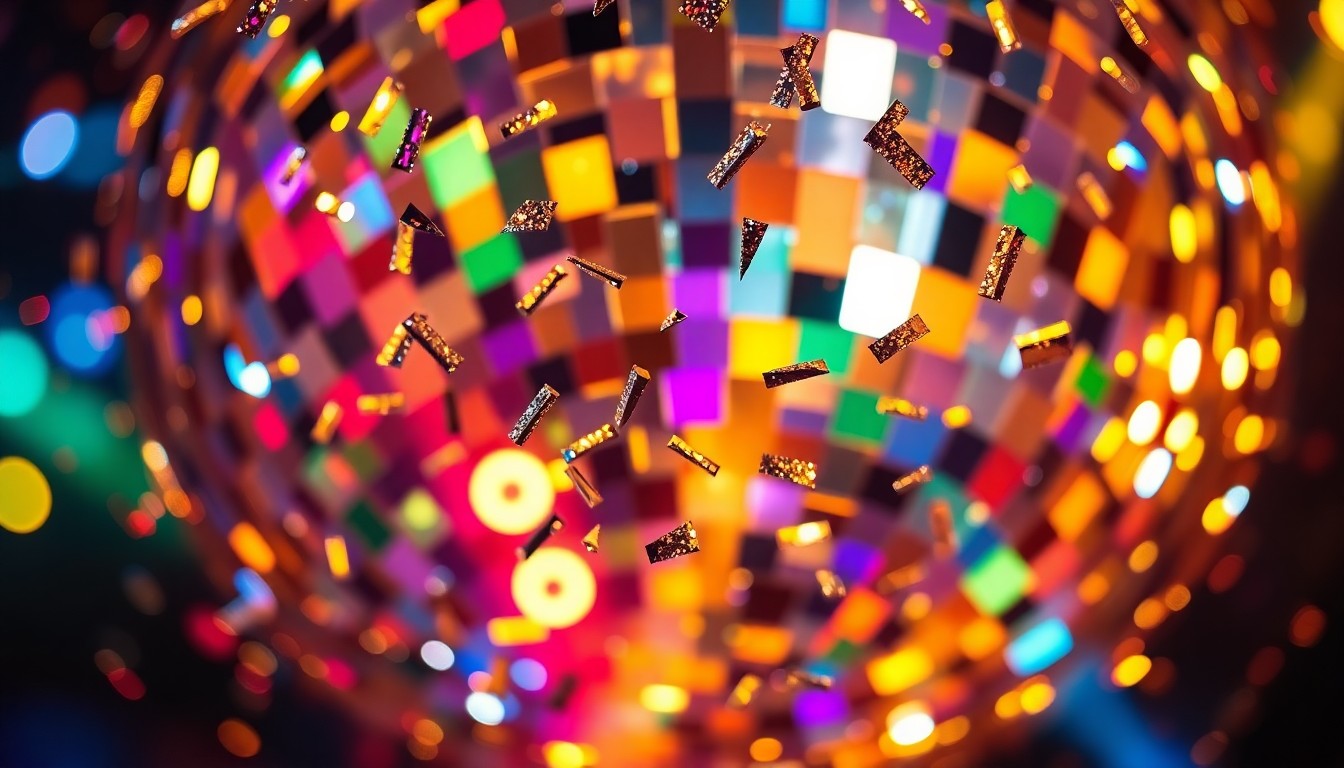 An extreme close-up photograph of shattered disco ball fragments reflecting colorful stage lights, creating a glittering, high-fashion aesthetic.