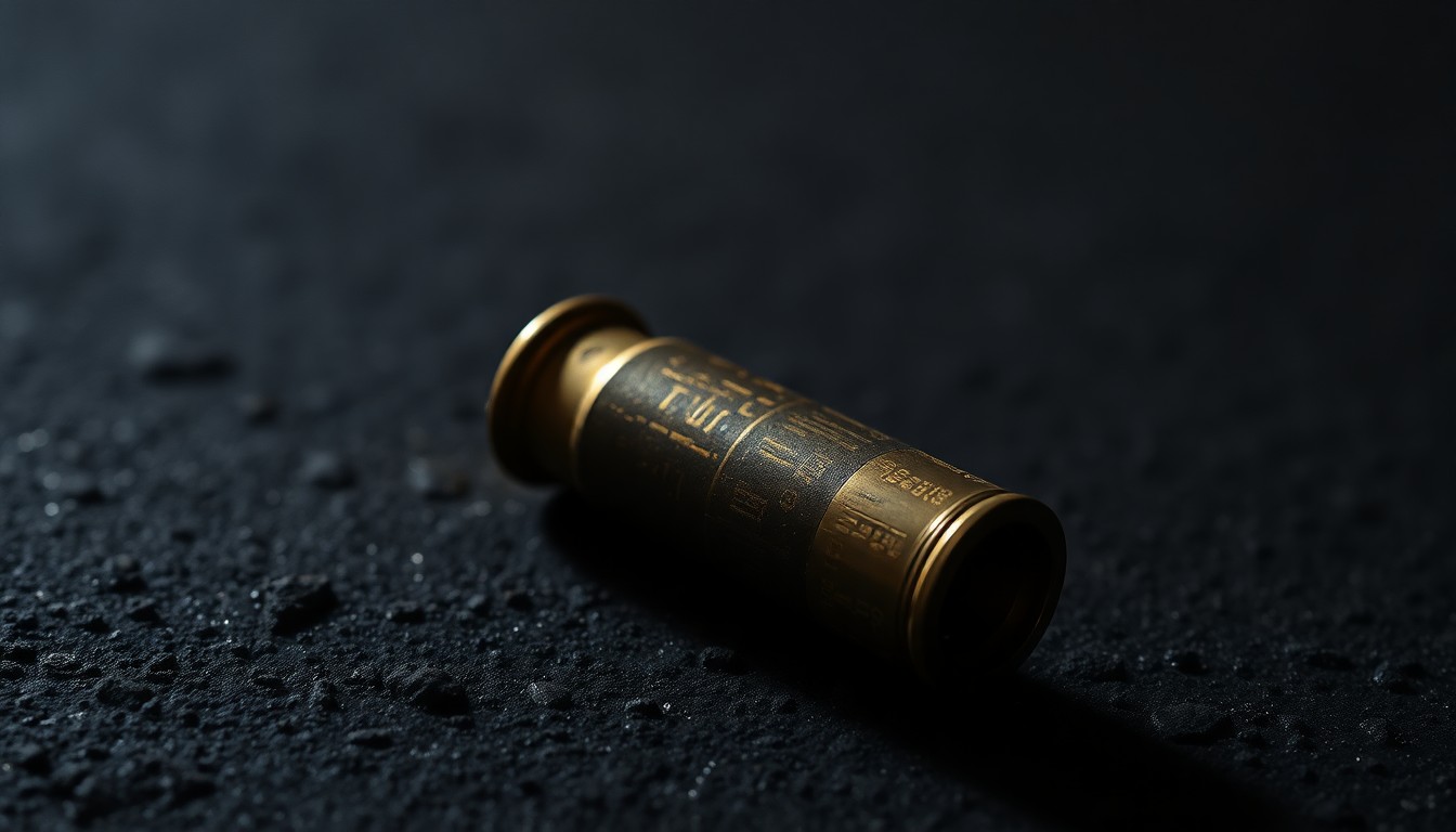 An extreme close-up of a spent shell casing on a dark, textured surface, lit by a harsh, direct camera flash, conceptually illustrating the violence of the fatal shooting incident.