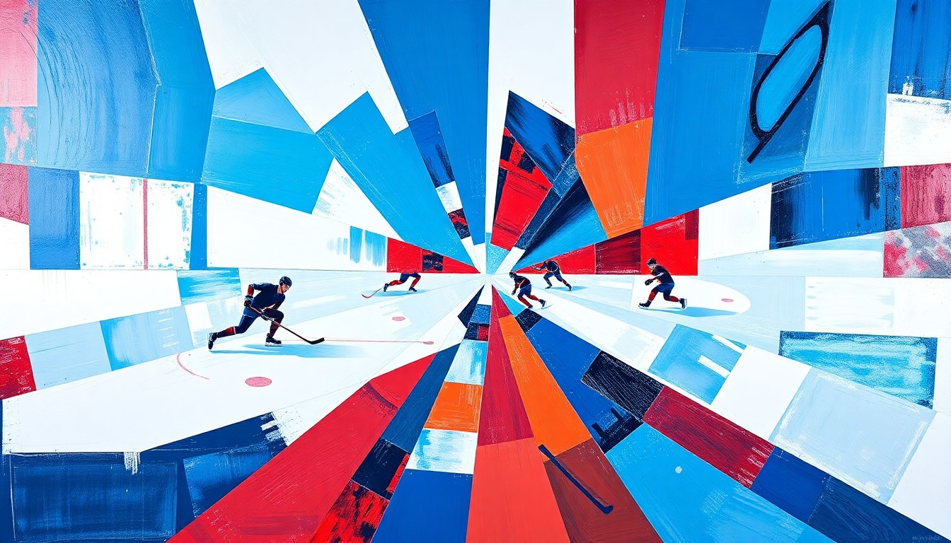 A cubist-style painting depicting a hockey game, with the players and action broken down into sharp, overlapping geometric shapes and planes in shades of blue, red, and white.