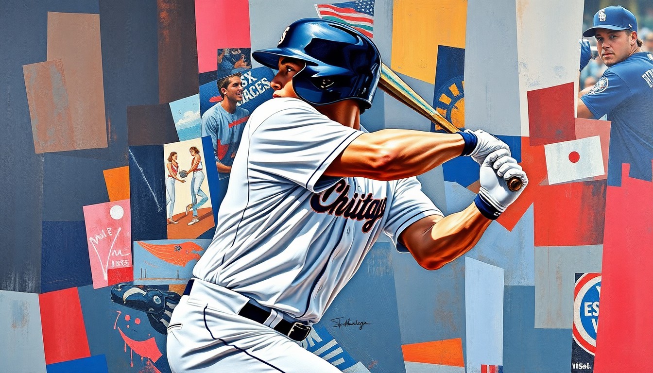 A cubist-style painting depicting a baseball player's batting motion broken down into sharp, overlapping geometric shapes in navy blue, silver, and red, representing the dynamic and unconventional style of White Sox slugger Munetaka Murakami.