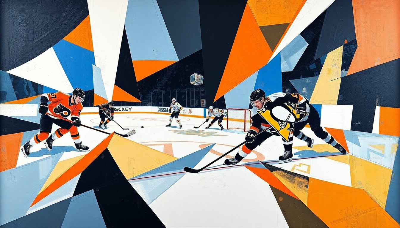 A fractured, multi-perspective painting depicting the action and energy of a hockey game between the Philadelphia Flyers and Pittsburgh Penguins, with the players and puck represented as abstract geometric shapes and angles in the team's colors.