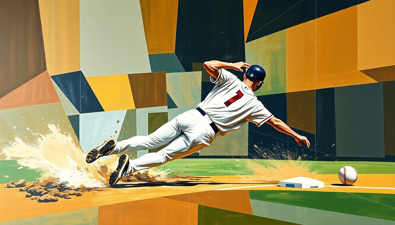 A fragmented, geometric painting depicting a baseball player sliding into a base, the figure broken down into sharp, overlapping planes of color that capture the dynamism and motion of the sport.