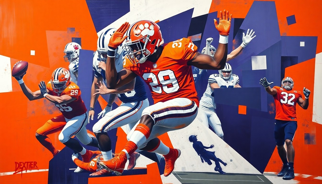 A cubist, geometric illustration depicting Dexter Lawrence making a tackle, scoring a touchdown, and celebrating with his Clemson teammates, all rendered in sharp, overlapping planes of color.