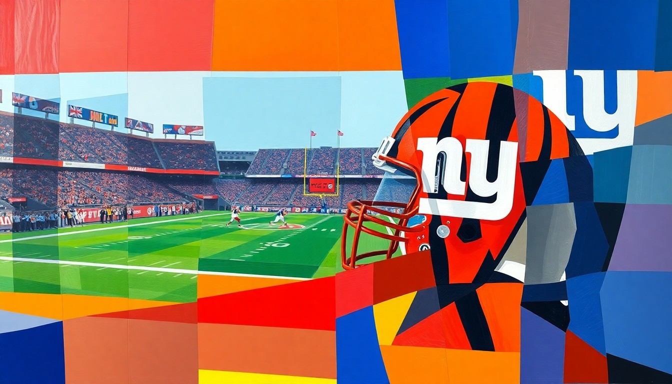 A cubist, geometric painting depicting a fractured, multi-perspective view of a football game or match, with sharp, overlapping planes of color representing the official team colors of the Cincinnati Bengals and New York Giants.