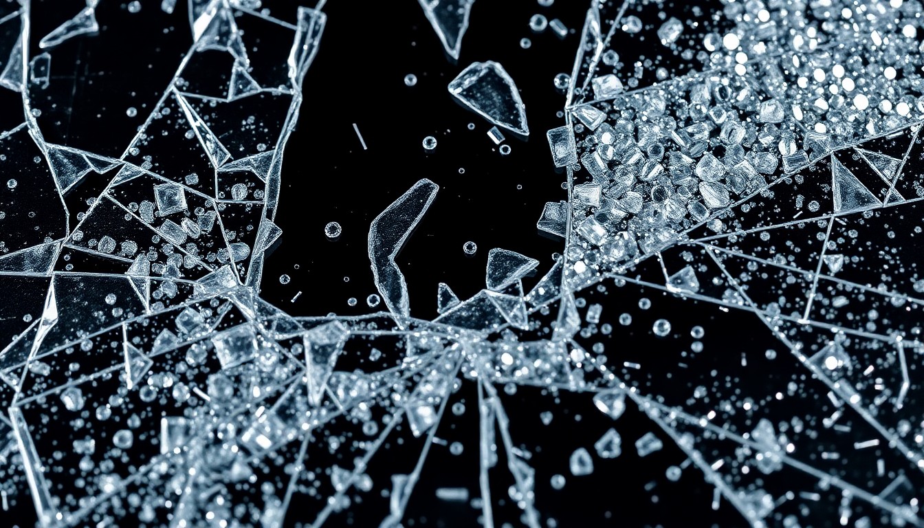 An abstract close-up image featuring shattered glass and glittering sequins, capturing the high-stakes glamour and interpersonal drama of the 'Real Housewives' franchise.