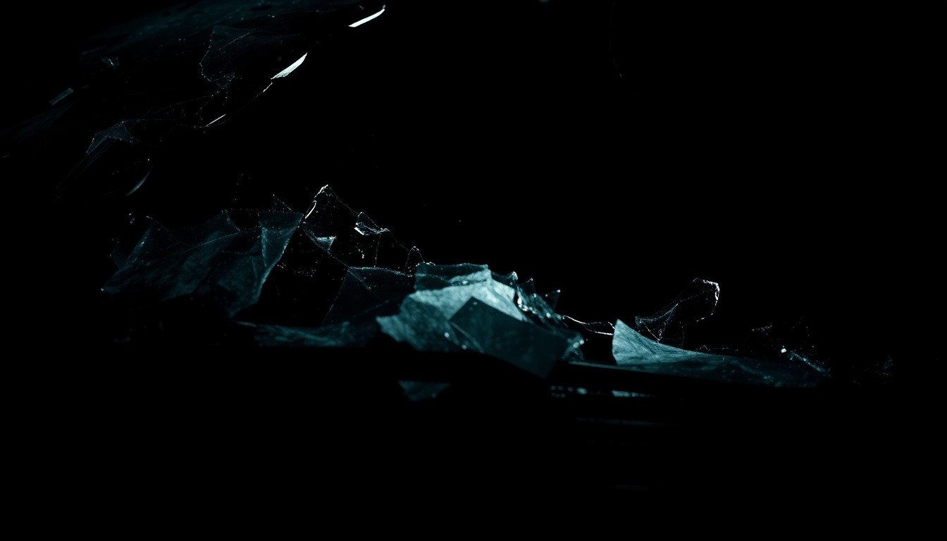 An extreme close-up photograph of a shattered car windshield or crumpled vehicle part, capturing the gritty aftermath of a fatal collision on a rural highway.