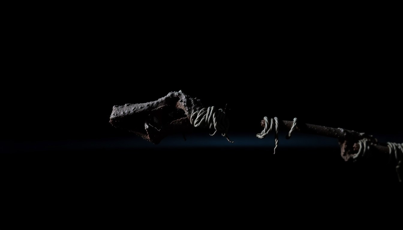 An extreme close-up photograph of a charred, twisted metal object from the fire scene, lit by a harsh, direct camera flash against a pitch-black background, conceptually illustrating the grim aftermath of a tragic house fire.
