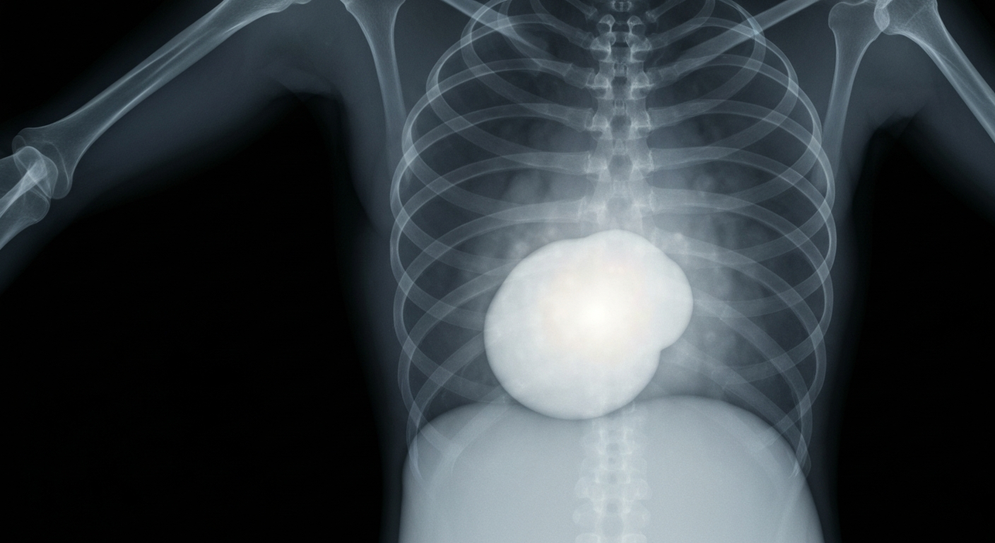 A ghostly, translucent X-ray photograph revealing the outline of a tumor or mass within a human torso, conceptually representing the internal struggle of a cancer battle.