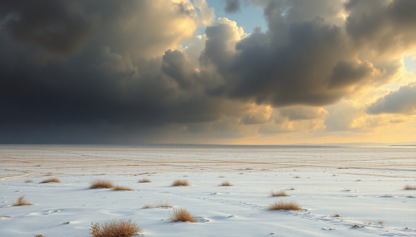 A vast, majestic landscape painting in muted, earthy tones depicting a frozen, snow-covered field or meadow under a dramatic, cloudy sky, conveying the overwhelming, sublime scale of the natural world and the precarious conditions facing local agriculture during an unexpected late-season cold snap.
