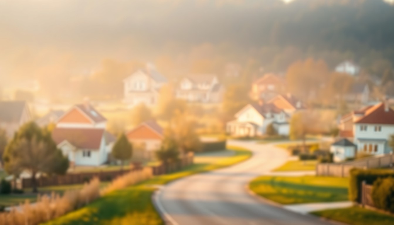 An abstract, impressionistic photograph in soft focus, depicting the blurred outlines of houses, trees, and a winding road in a peaceful suburban setting, conveying a sense of community and quality of life.