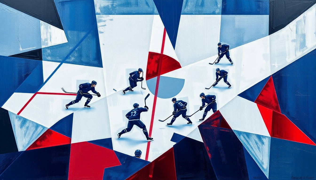 A cubist-style painting depicting a hockey game broken down into sharp, overlapping geometric shapes in navy, red, and silver, conveying the intensity and energy of the playoff matchup.