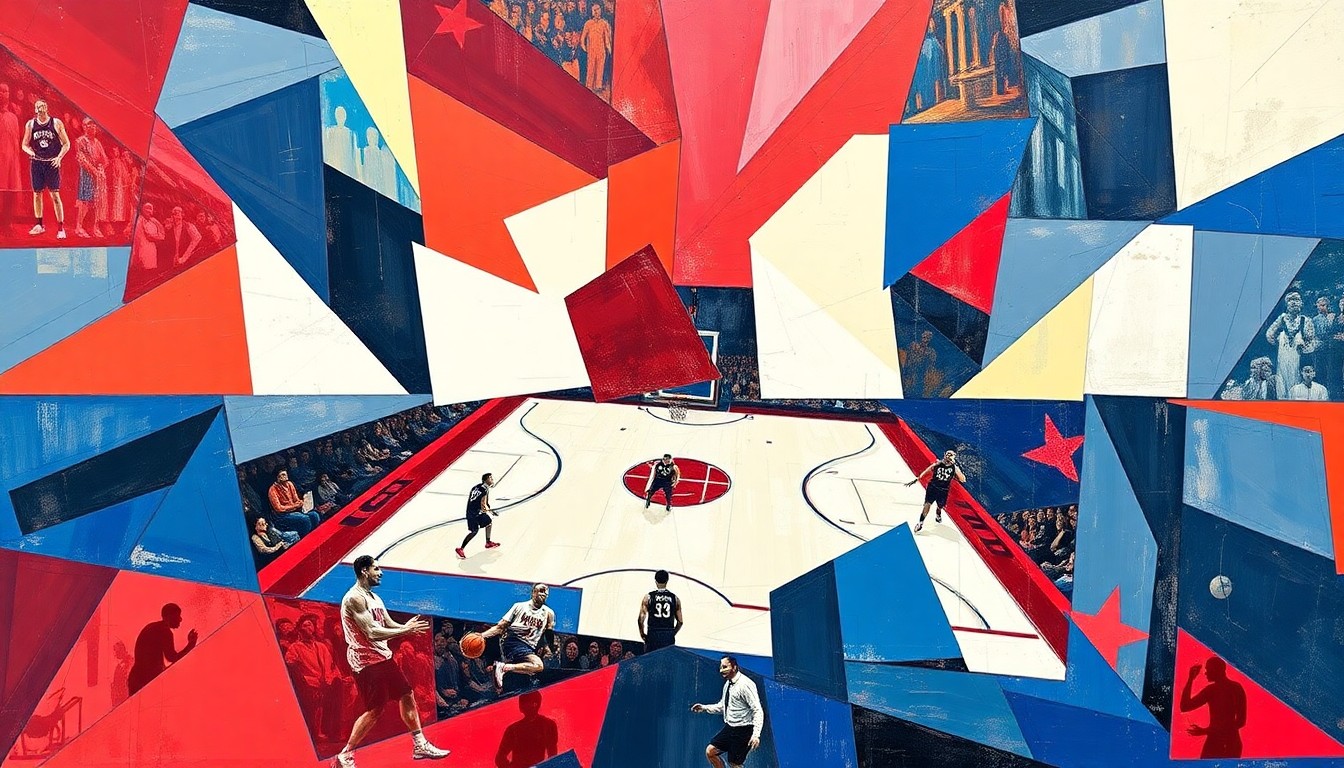 A cubist, geometric painting depicting a basketball game or match, with sharp, overlapping planes of red, blue, and white representing the Detroit Pistons' colors and the fragmented, multi-perspective nature of the sport.
