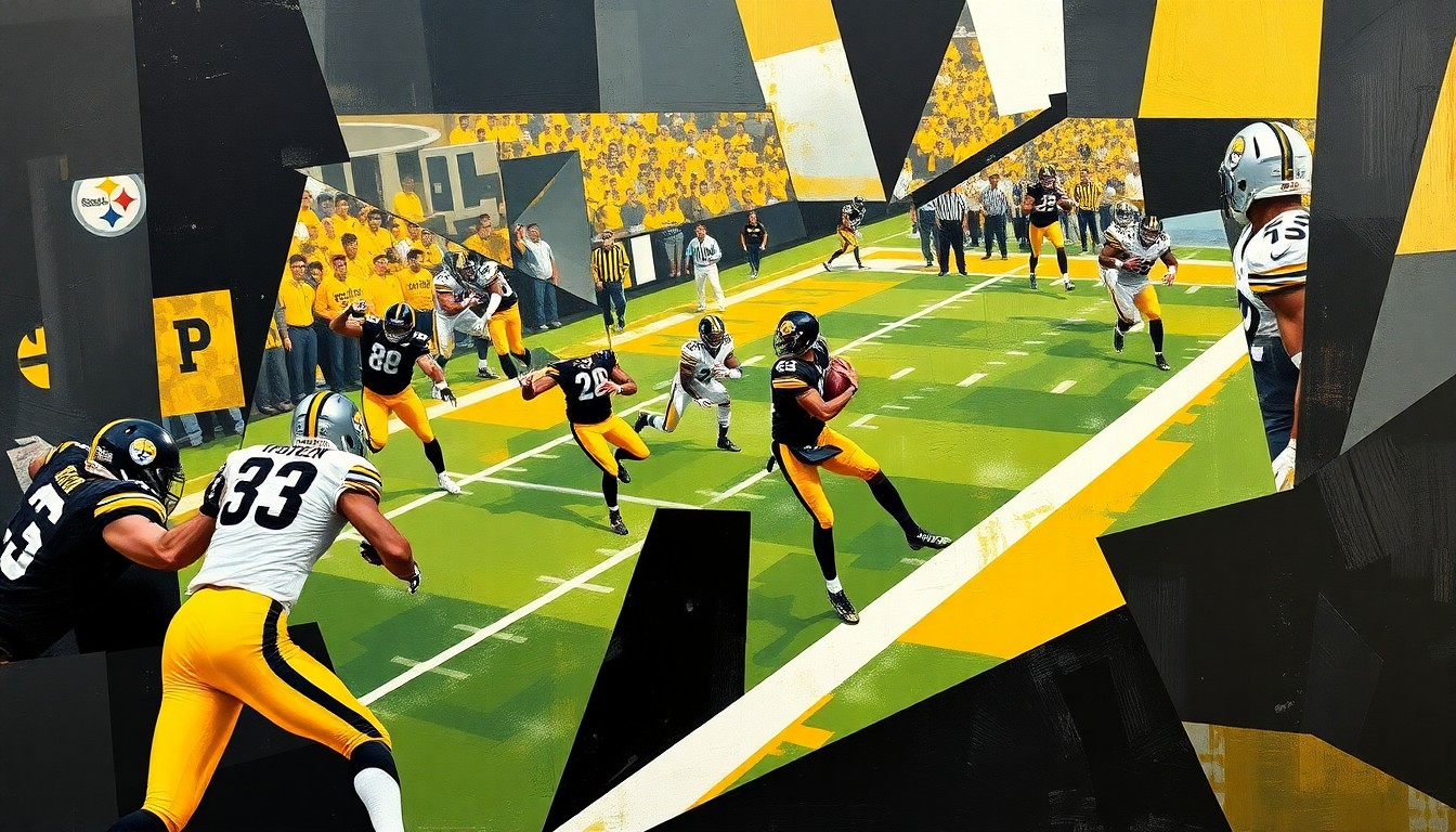 A cubist, geometric painting depicting a football player in motion, broken down into sharp, overlapping planes of black, gold, and white, representing the uncertainty surrounding the Steelers' quarterback situation.