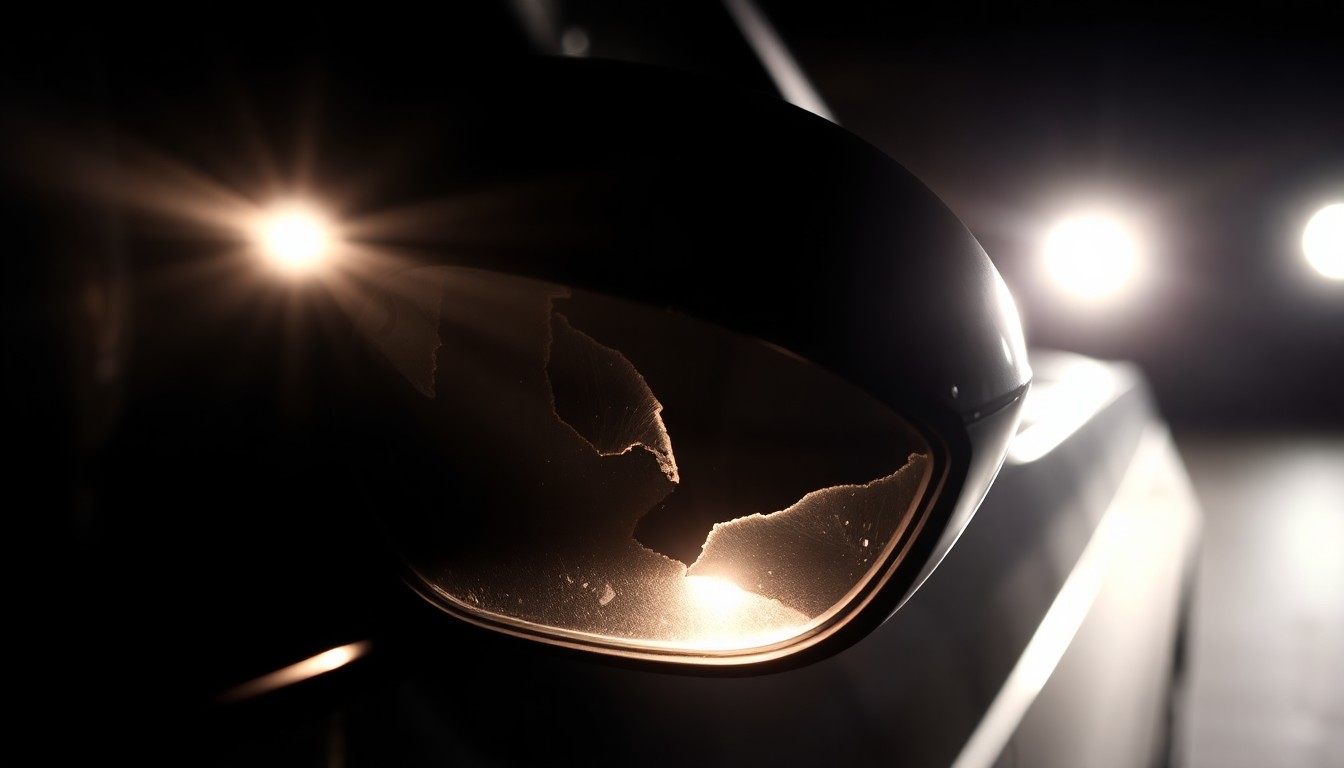 An extreme close-up photograph of a car's damaged side mirror, the harsh flash creating a stark, gritty aesthetic that conceptually represents the investigation into a hit-and-run incident.
