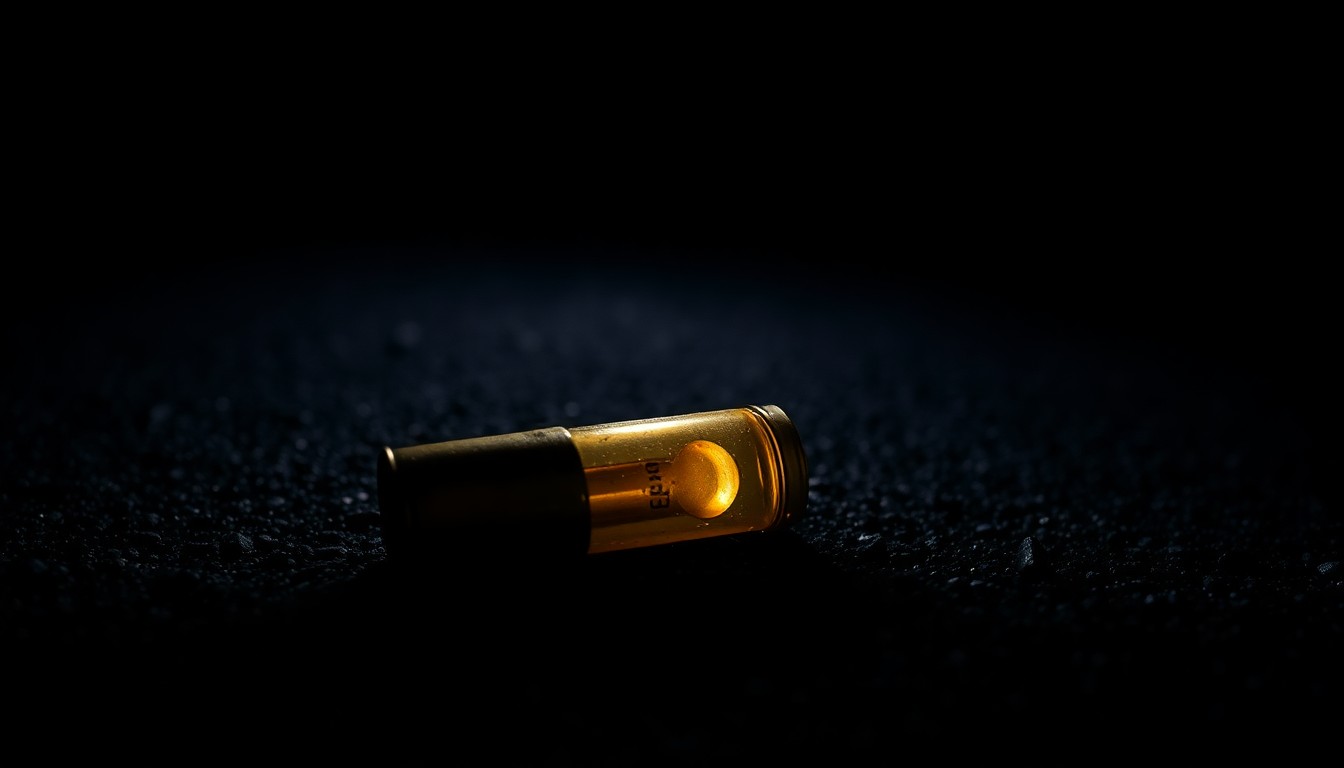 An extreme close-up photograph of a spent shell casing on asphalt, capturing the stark, gritty details of a crime scene investigation.