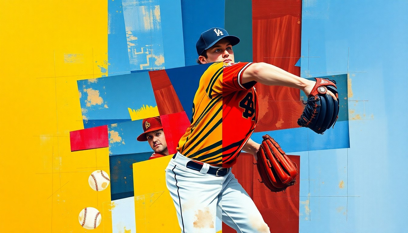 A cubist-style painting depicting a baseball pitcher's windup and delivery broken down into sharp, overlapping geometric shapes in vibrant colors, conceptually representing the versatility and strategic value of 'swingman' pitchers in modern baseball.