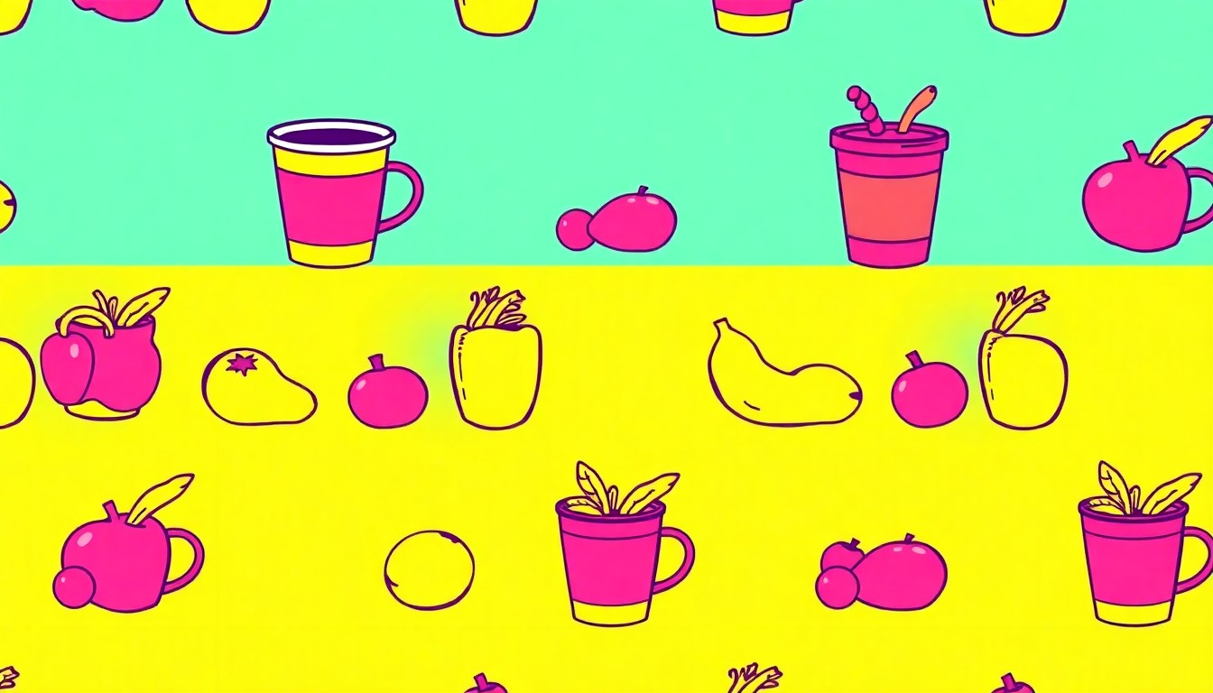 A brightly colored, high-contrast silkscreen print of a single, iconic lifestyle object such as a coffee cup or piece of organic produce, repeated in a tight grid pattern, conceptually representing the joyful energy of a community festival.