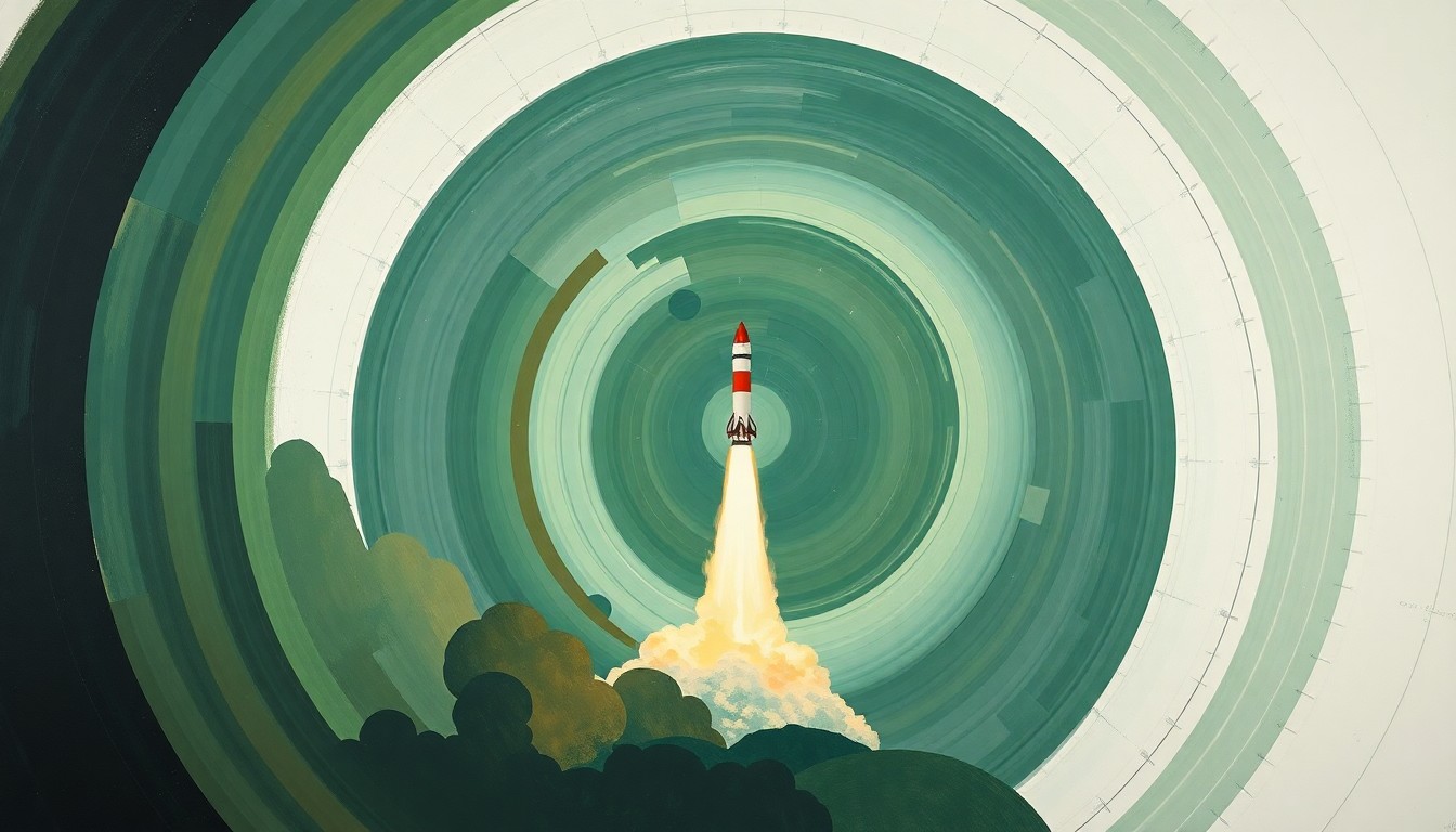 A highly structured, abstract painting in soft earth tones of green, brown, and blue, featuring sweeping geometric arcs, concentric circles, and precise spirals, conveying the power and precision of a rocket launch without any text or identifiable elements.