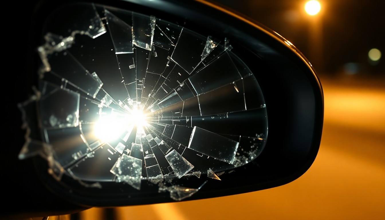 An extreme close-up photograph of a shattered car side mirror lens reflecting the harsh glare of a camera flash, conceptually illustrating the aftermath of a high-speed collision.