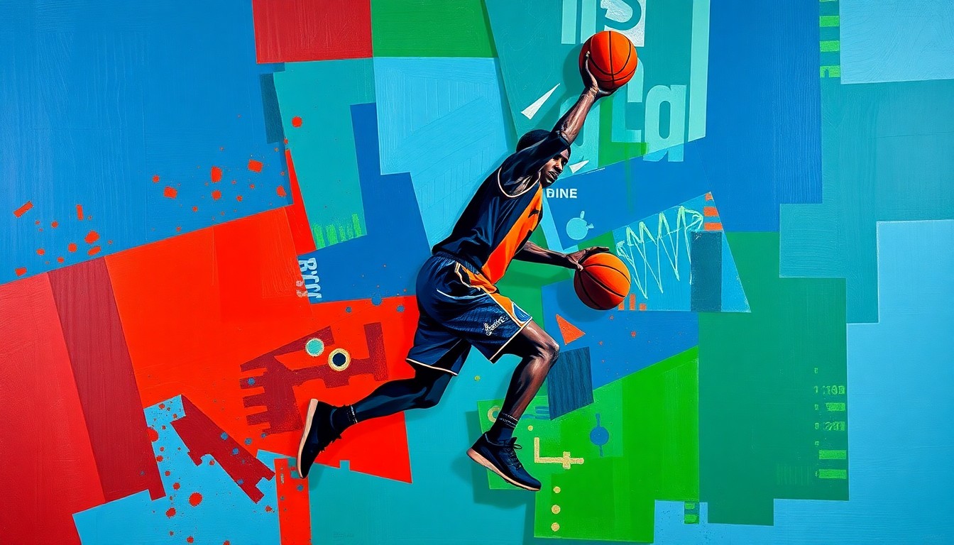 A cubist-style painting depicting a basketball player's silhouette fractured into sharp, overlapping geometric shapes in a palette of deep blues, greens, and reds, capturing the complexity and fragmentation of Damian Lillard's injury-plagued return to the Trail Blazers.