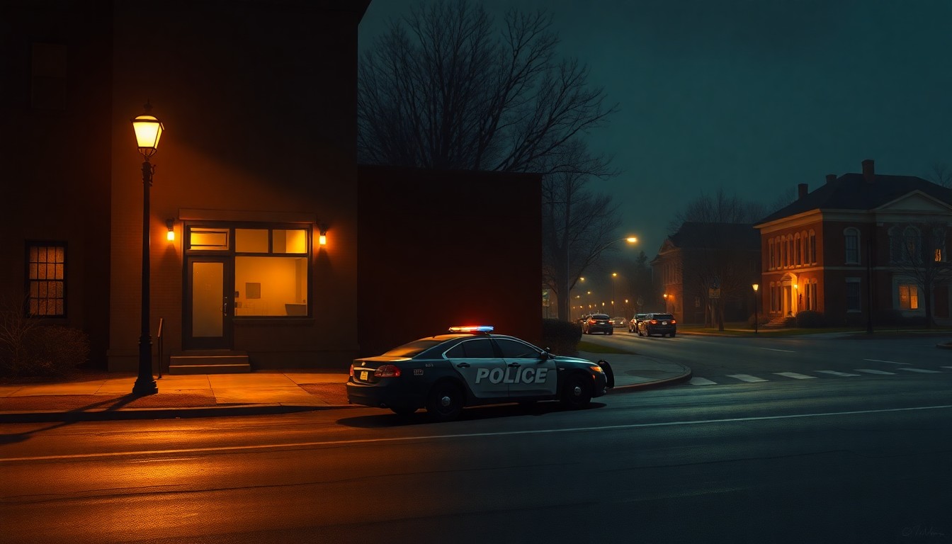 A moody, atmospheric painting depicting a lone police car parked on a shadowy street corner near a university, the scene bathed in warm, golden light and deep, inky shadows, conveying a sense of unease and the aftermath of a troubling incident.