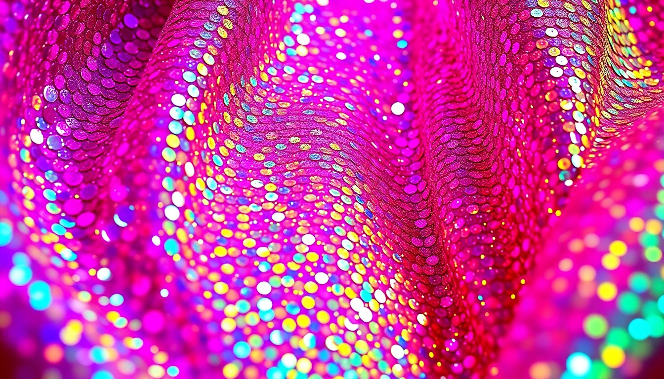 An abstract close-up photograph of shimmering, glittering fabric in vibrant shades of purple, pink, and gold, capturing the glamorous energy of a major music festival.
