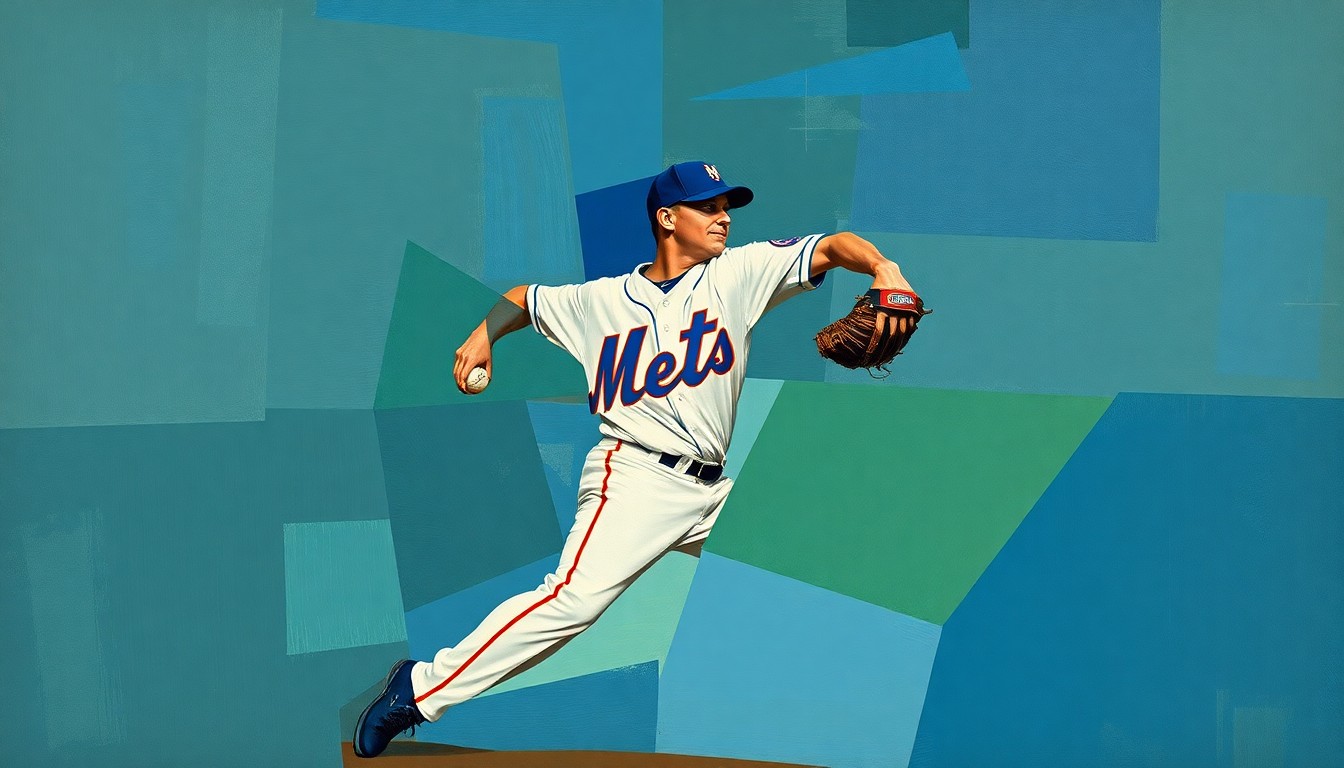A fragmented, cubist-style painting depicting a baseball pitcher's delivery broken down into sharp, angular geometric shapes and planes in muted tones of blue, green, and brown, conceptually representing the Mets' efforts to rework their pitching rotation.