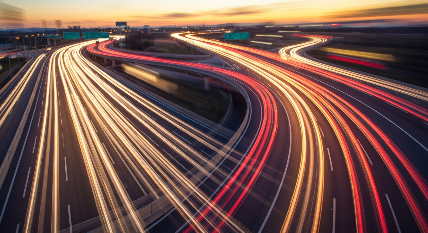 An abstract, blurred image of a busy highway interchange at sunset, with streaks of warm colors conveying the energy and motion of modern transportation.