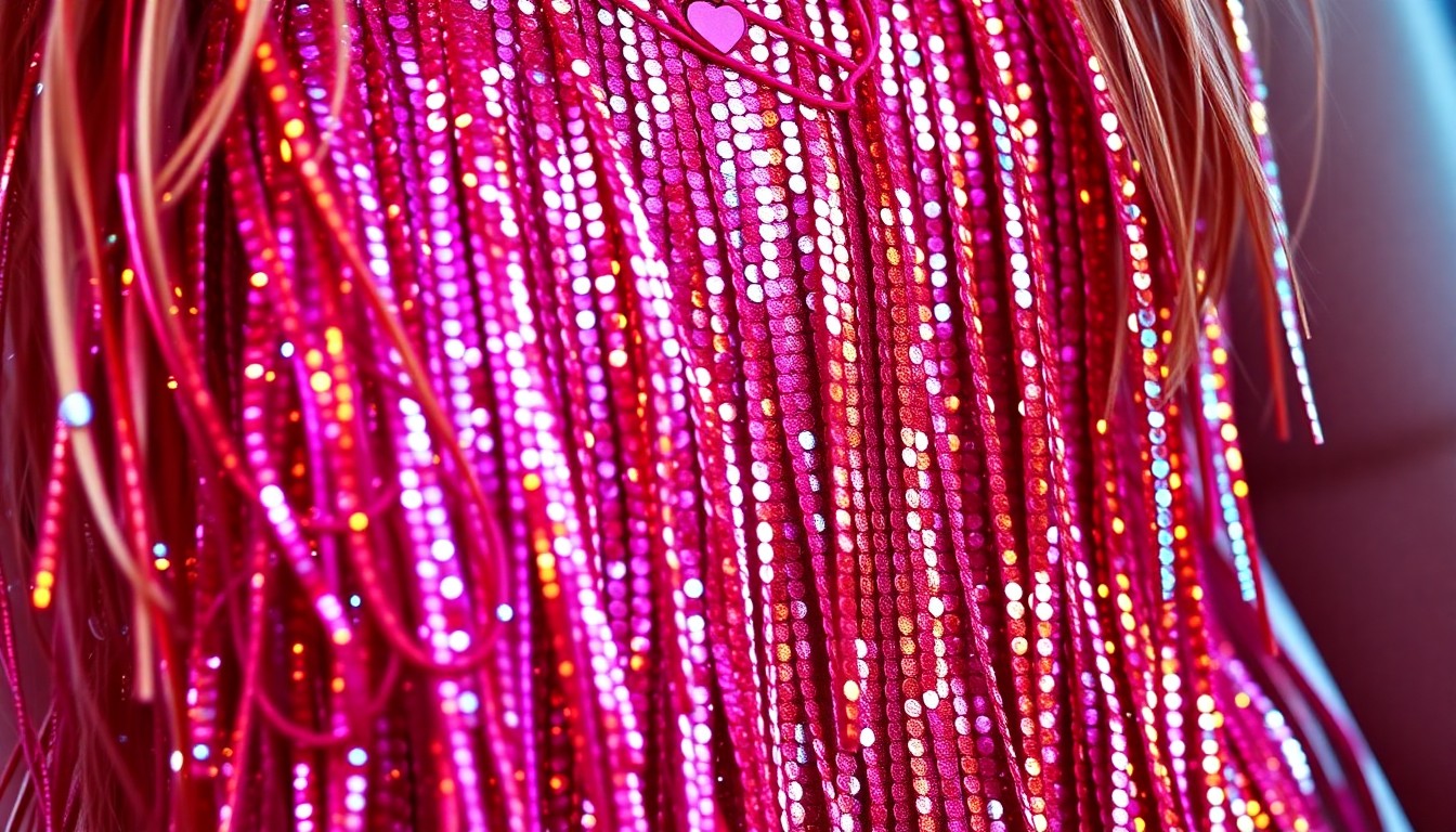 An extreme close-up photograph of glittering sequins and shimmering fringe in vibrant pink, red, and gold hues, capturing the high-energy, glamorous aesthetic of a music performance.
