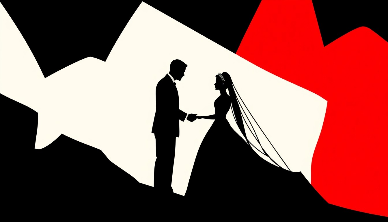 An abstract, minimalist illustration featuring bold, jagged geometric shapes in high-contrast red and white, conceptually representing the iconic love story and royal wedding of Grace Kelly and Prince Rainier of Monaco.
