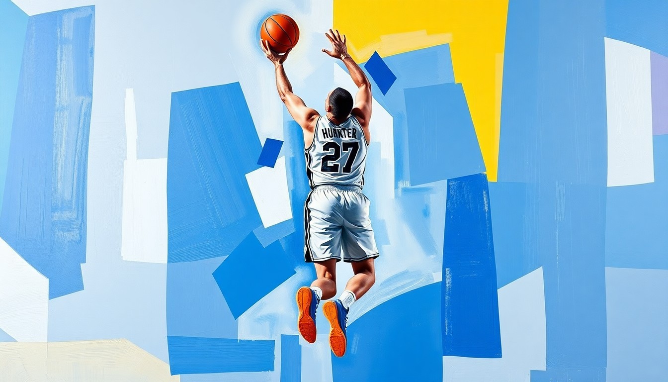 A fractured, geometric painting depicting a basketball player in mid-jump shot, with sharp, overlapping planes of color representing the dynamic movement and energy of the game. The player's jersey number 27 is the only identifiable element, conceptually representing the importance of Kevin Huerter's performance to the Pistons' playoff success.