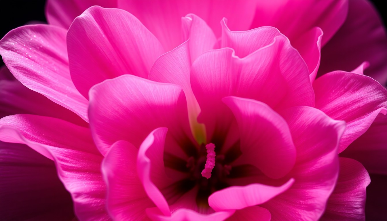 An extreme close-up of velvety, richly-colored flower petals in shades of pink, purple, and green, captured with dramatic lighting to create a glamorous, high-fashion aesthetic.