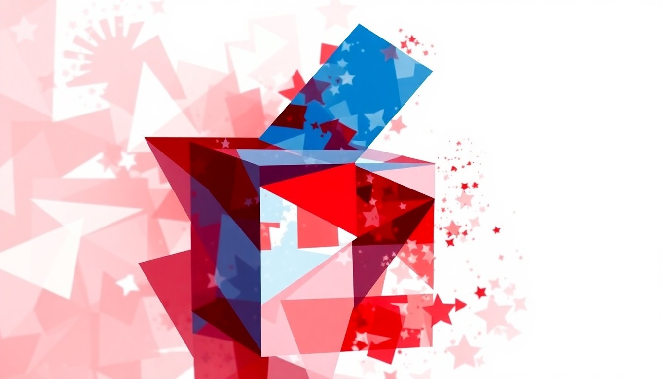 A fractured, overlapping geometric painting in shades of red, white, and blue, depicting an abstract election-related object such as a ballot box or voting booth, conceptually representing the divisive political battle over election integrity.