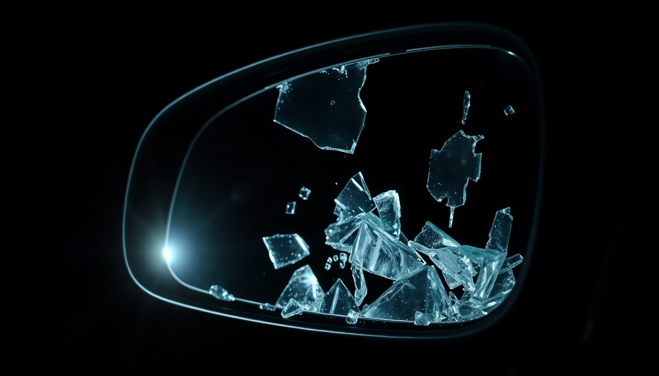 An extreme close-up photograph of a shattered car side mirror, lit by a harsh, direct camera flash against a pitch-black background, conceptually representing the violence and destruction of a drunk driving crash.
