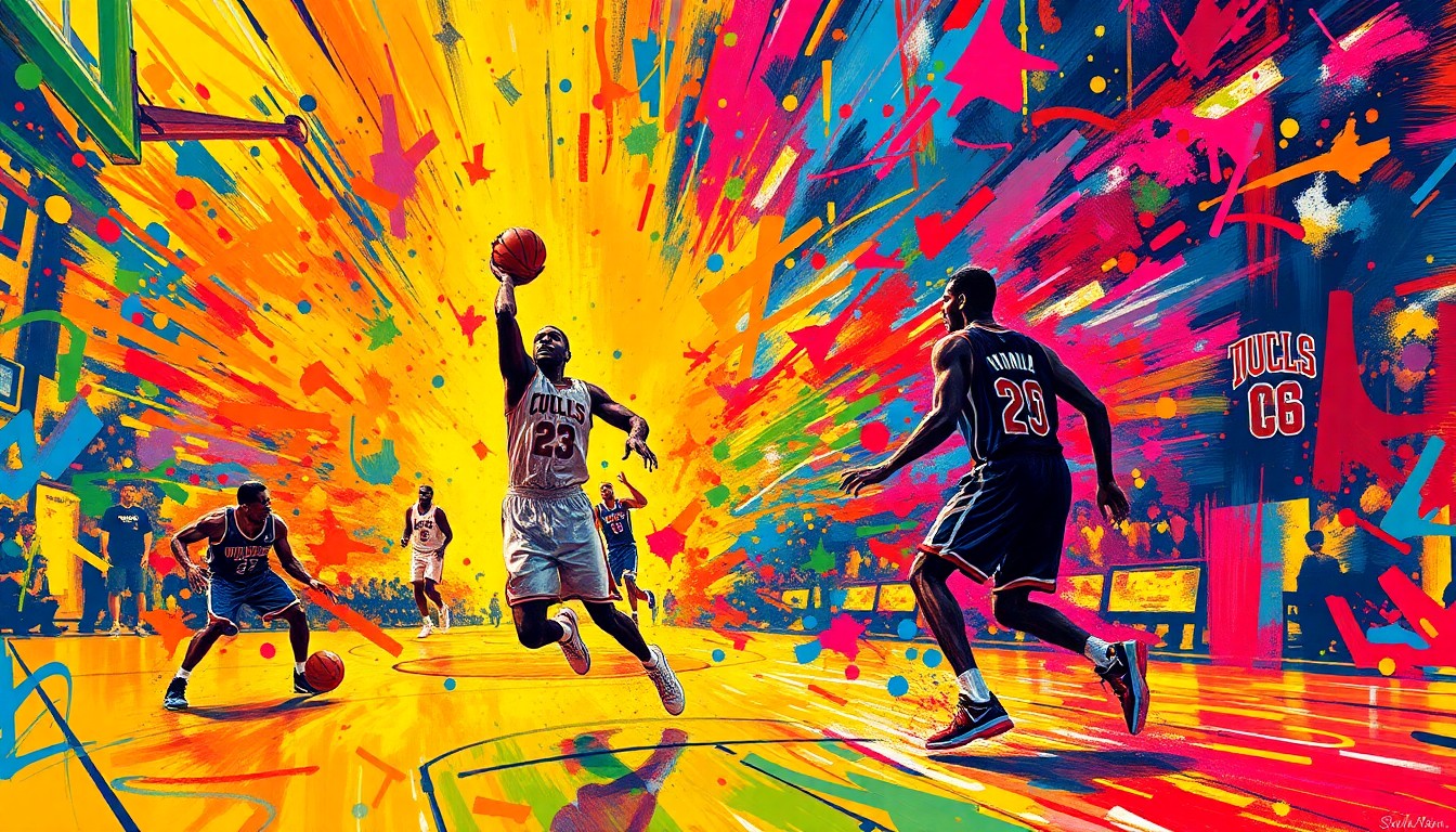 An abstract, expressionist painting in vibrant neon colors depicting the frenetic movement and energy of a basketball game, with players' forms dissolving into colorful brushstrokes.