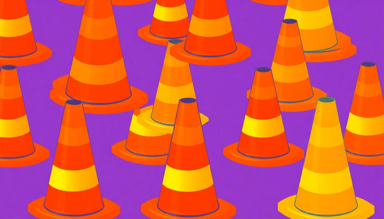 A high-contrast, silkscreen-style illustration of multiple orange construction cones arranged in a grid, using a vibrant, neon color palette to capture the dynamic nature of the road construction project.