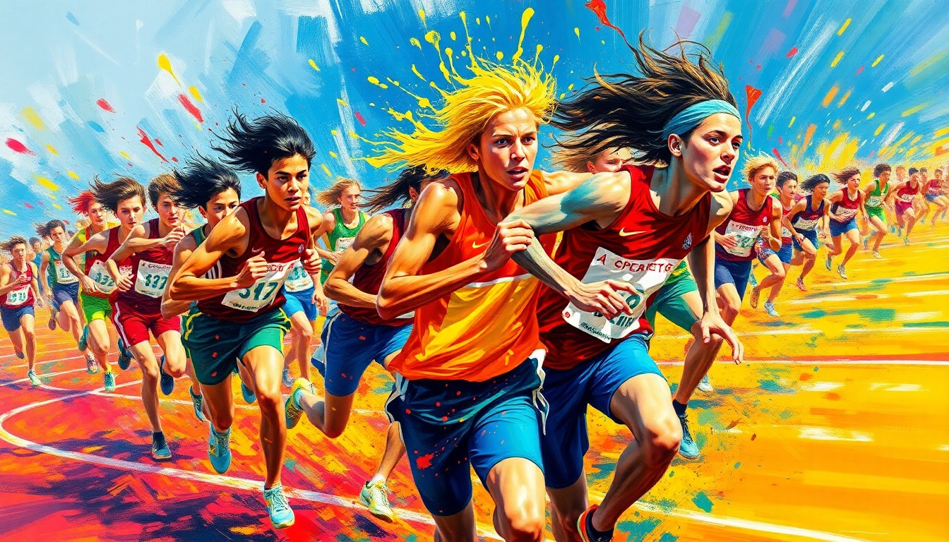 An abstract, expressionist painting in neon colors, with rapid brushstrokes and dissolving forms that convey the dynamic energy of a high school track and field event.