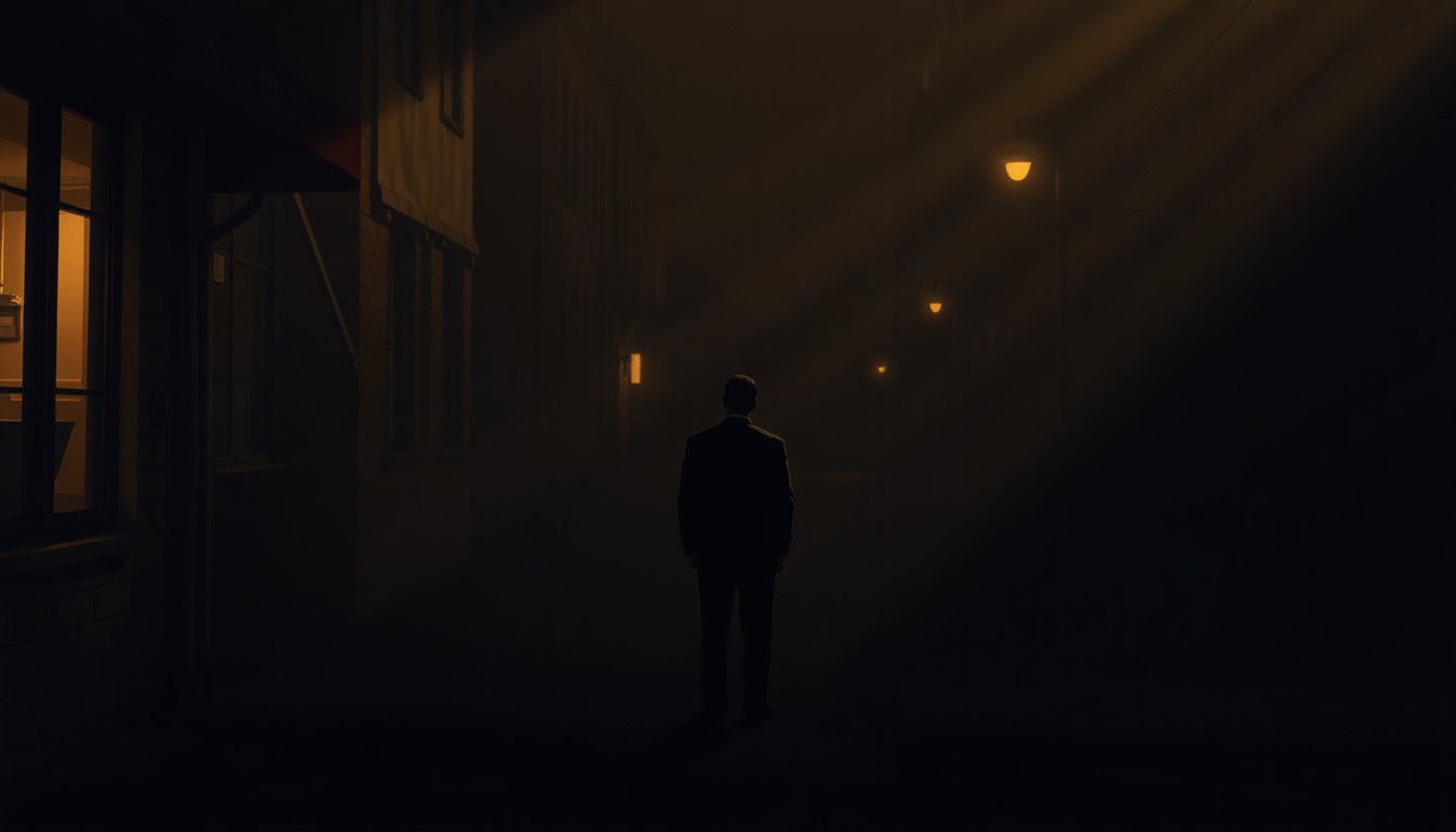A cinematic painting of a solitary political figure standing alone in a dimly lit urban setting, with warm sunlight and deep shadows creating a contemplative, nostalgic mood.
