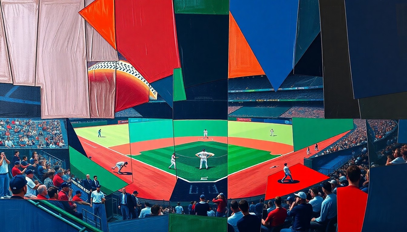 A cubist-style painting depicting a baseball game broken down into sharp, overlapping geometric shapes and planes in navy, green, and red, conveying the intensity and energy of the matchup.
