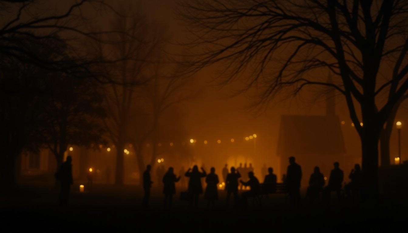 An abstract, impressionistic scene of a nighttime vigil in a small town park, with the faint outlines of people gathered around glowing candles in a hazy, warm-toned atmosphere.