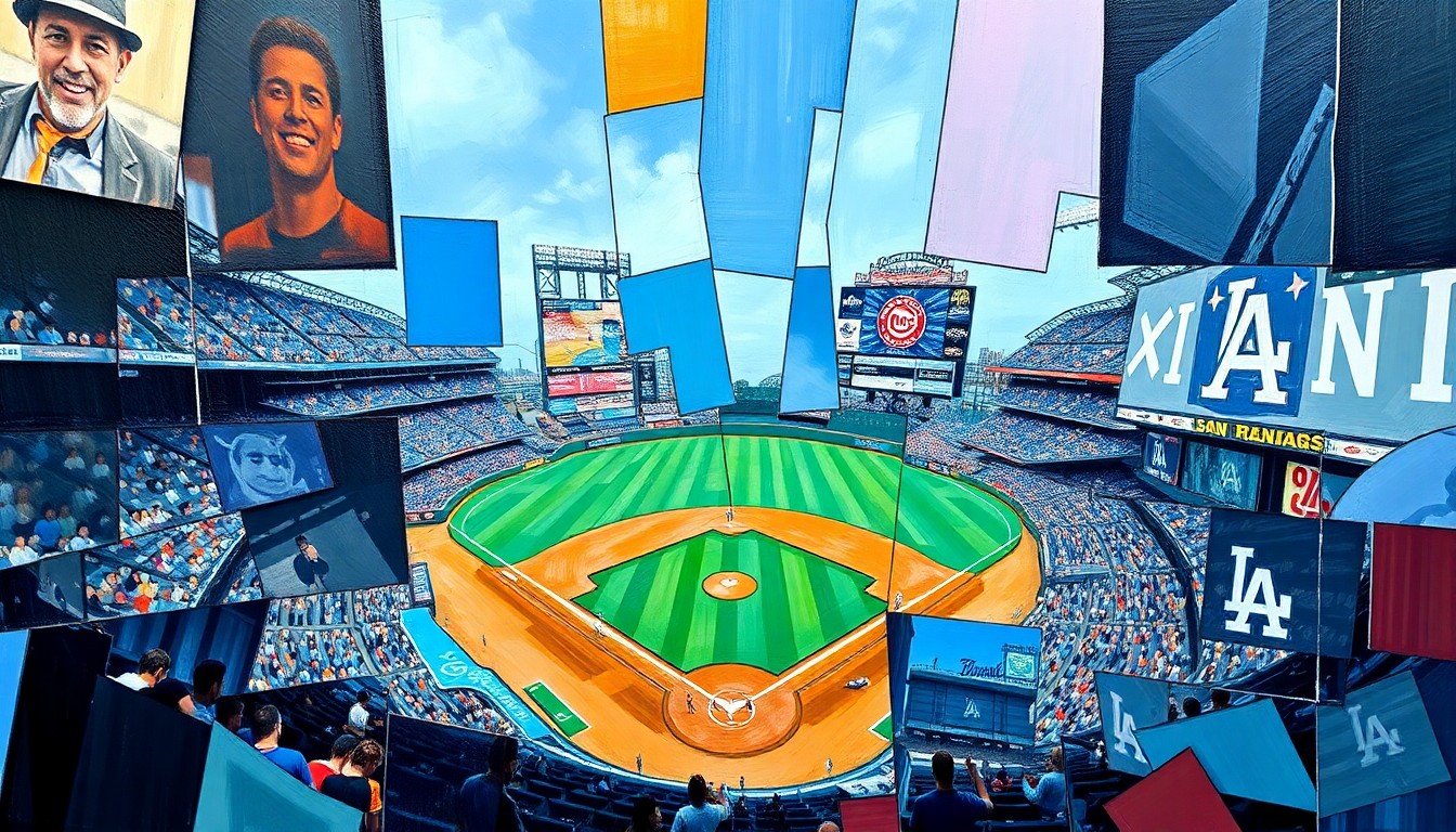 A fractured, geometric painting depicting a baseball game in progress, with players and the field broken down into sharp, overlapping planes of color and form, reflecting the unpredictable nature of the weather and the challenges of rescheduling a potential rainout.