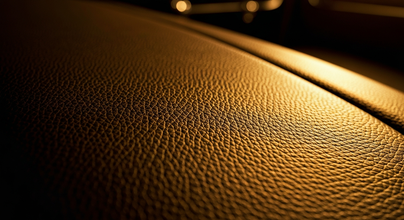 An extreme close-up of a vintage car's leather interior, with the pebbled surface and warm, golden light highlighting the tactile details and craftsmanship.