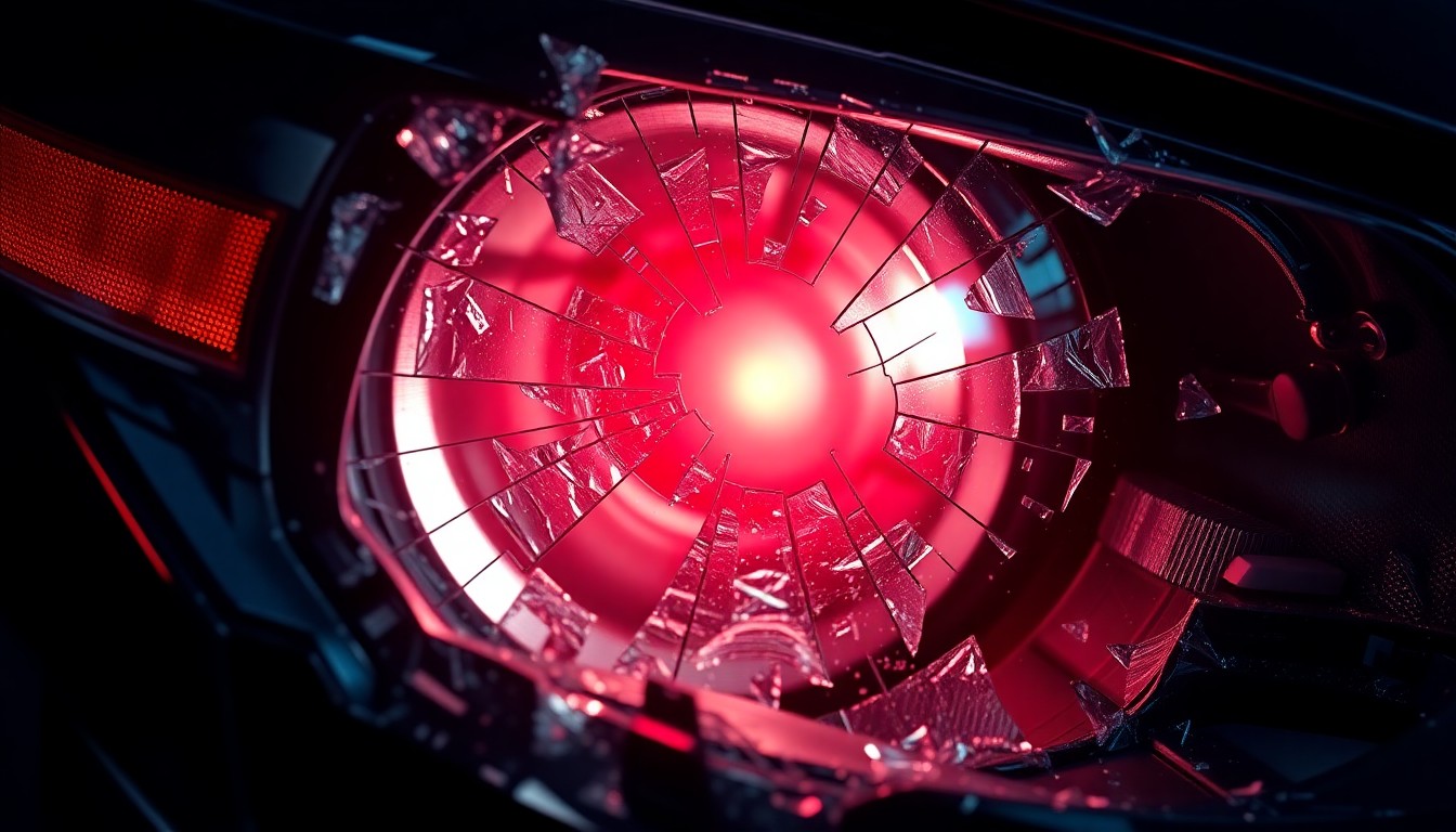 An extreme close-up of a shattered car sensor lens reflecting a faint red light, conceptually illustrating the vandalism of self-driving cars.