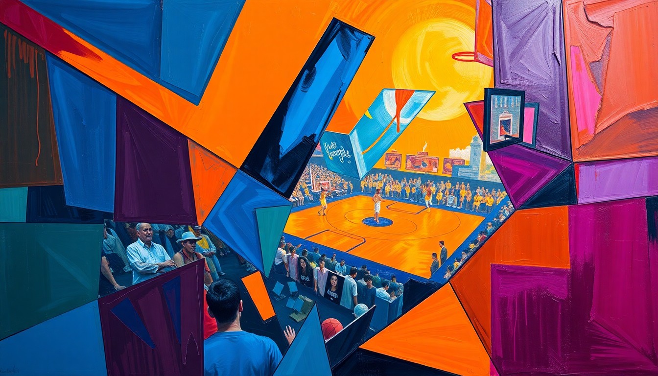 A cubist, geometric painting depicting a basketball game or match, with sharp, overlapping planes of color representing the dynamic action on the court.