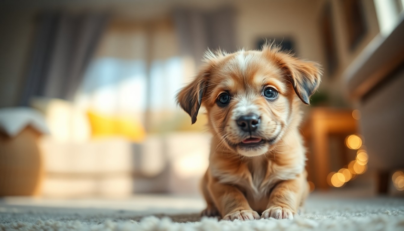 An extremely abstracted, out-of-focus photograph of a puppy playing with a stuffed toy in a warm, cozy home setting, with soft pools of light and color creating an intimate, lifestyle-focused mood.