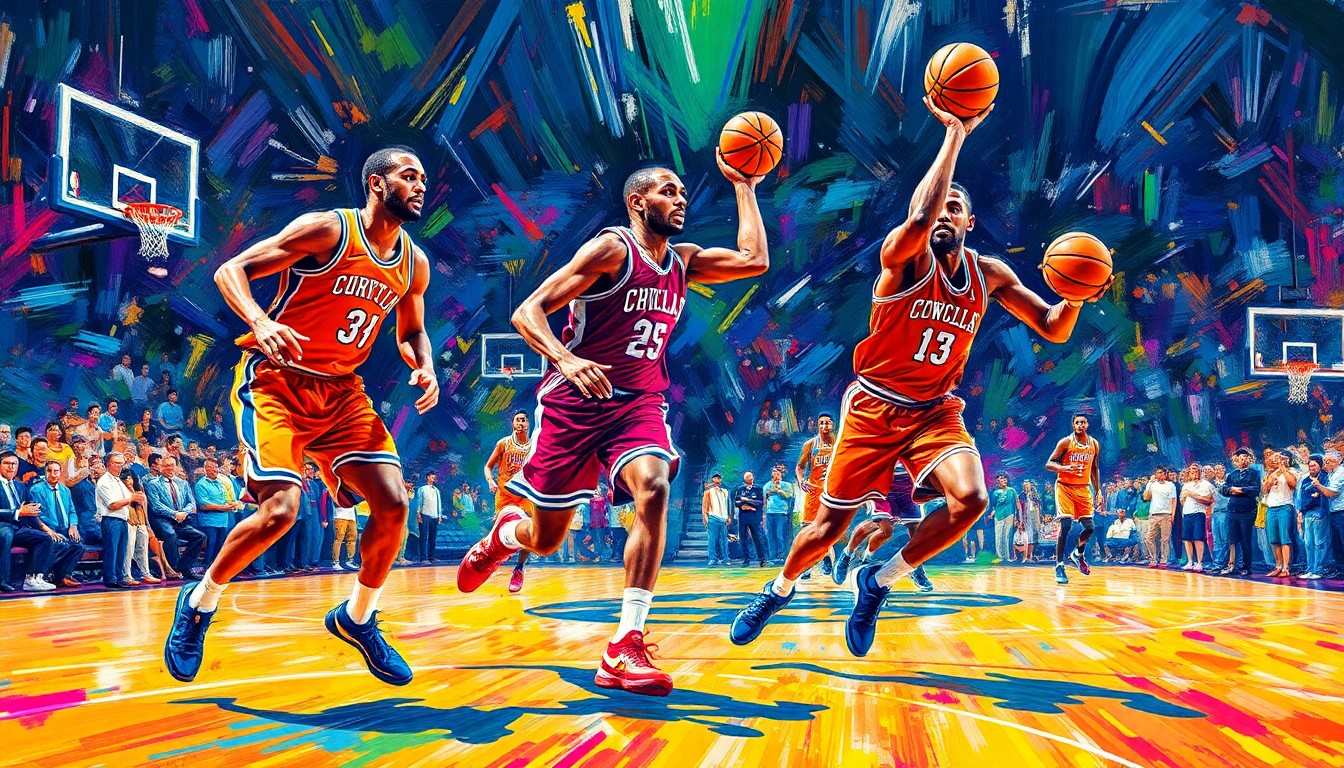 An abstract, expressionist painting in neon colors depicting the dynamic movements and energy of NBA players on the court, capturing the excitement and intensity of the playoffs.