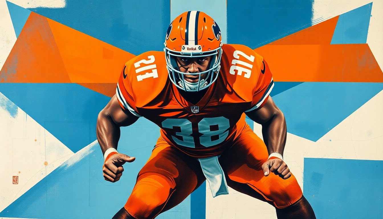 A fractured, geometric painting depicting a football player in a defensive stance, with sharp, overlapping planes of burnt orange and steel blue, capturing the raw energy and potential of an emerging defensive talent.
