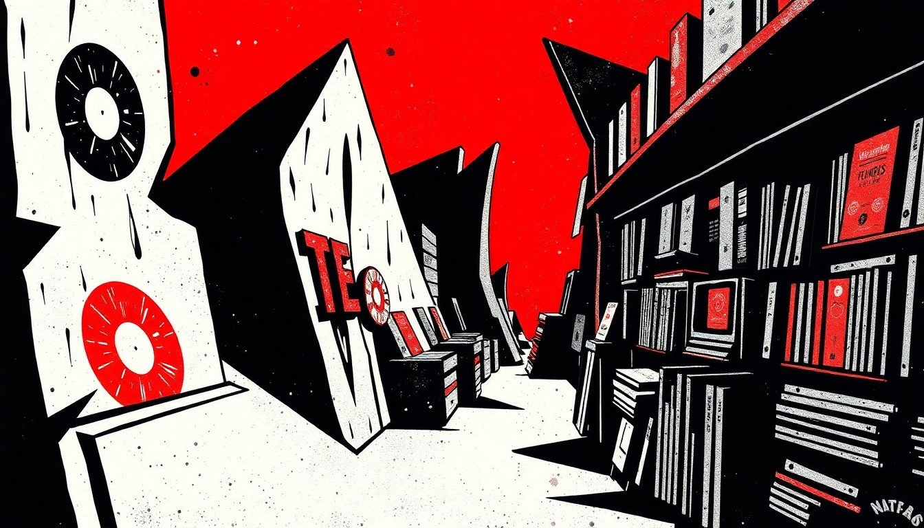 An abstract, minimalist illustration composed of stark black, white, and red geometric shapes, capturing the bold, vibrant energy of a thriving local record store scene.